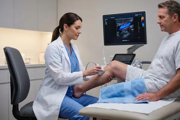 DVT deep vein thrombosis ultrasound scan on a patient&rsquo;s lower leg