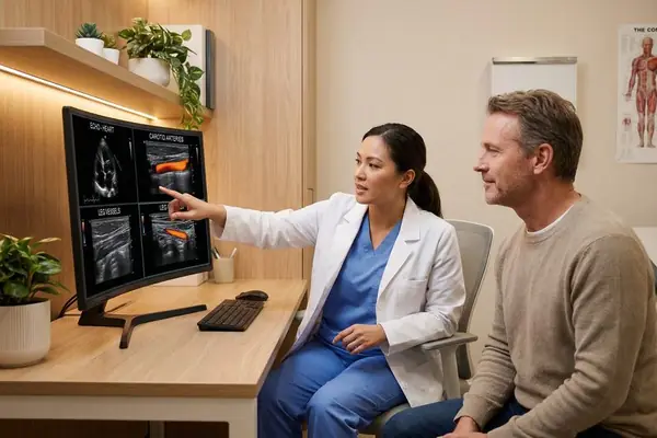 Cardiovascular health package ultrasound scan review with patient