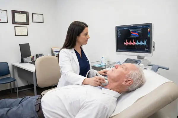 Carotid artery Doppler ultrasound scan on a patient&rsquo;s neck