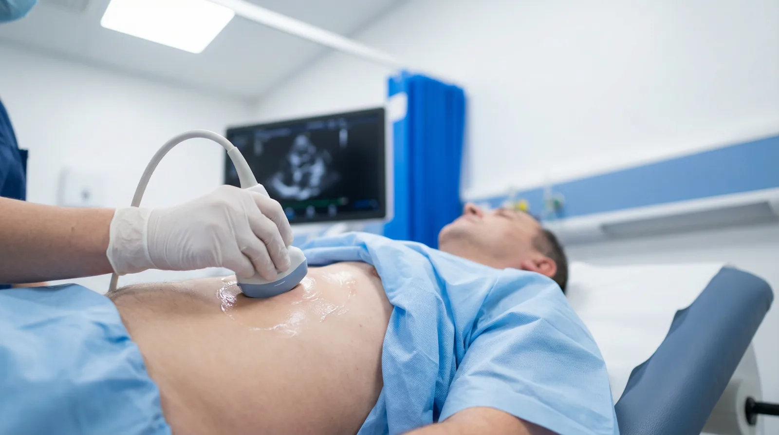 Close-up of a sonographer carefully positioning a cardiac ultrasound probe on a patient's chest with ultrasound gel visible, demonstrating the precision required for echocardiography