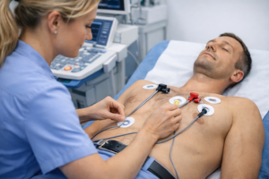 Clinician placing ECG electrodes on a patient’s chest