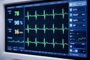 Close-up of an ECG trace displayed on a monitor