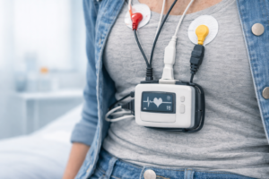 Patient wearing Holter monitor under clothing in everyday life