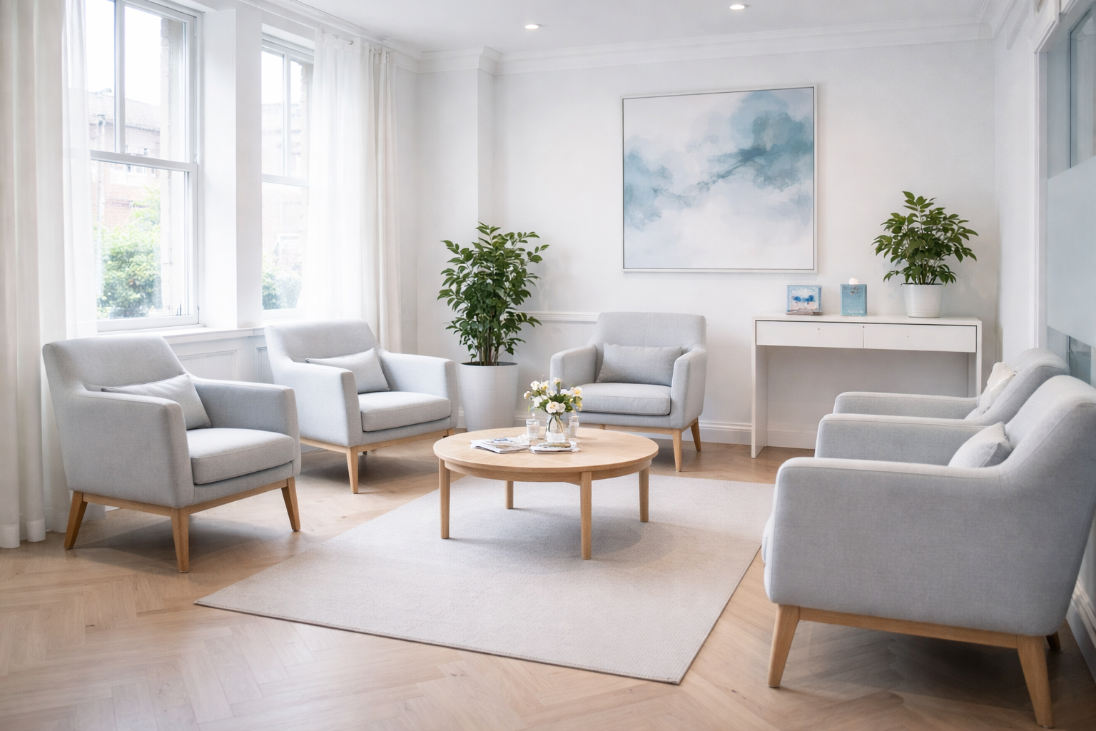 Bright, calm private clinic environment in Marylebone with white and light-blue accents