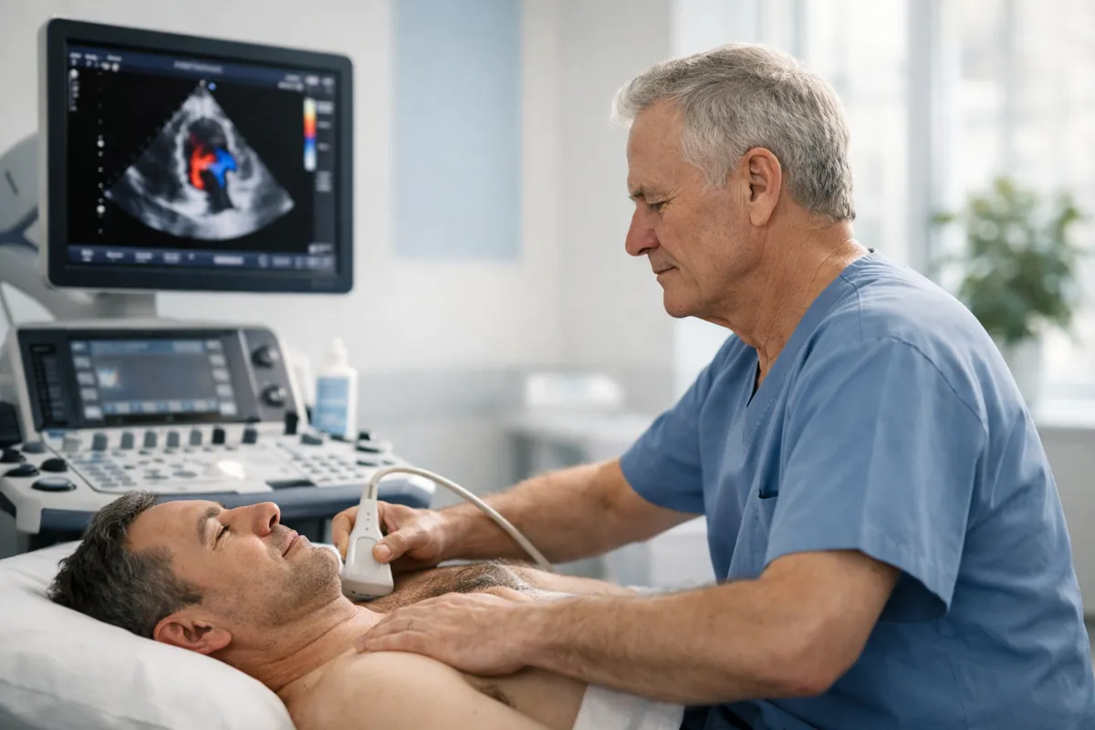 Clinician performing a transthoracic echocardiogram in a modern private clinic