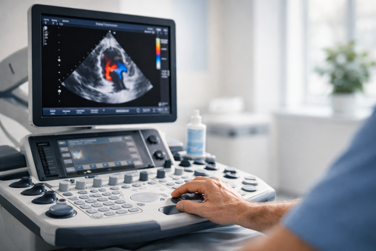 Close-up of echocardiography ultrasound machine controls in a modern clinic