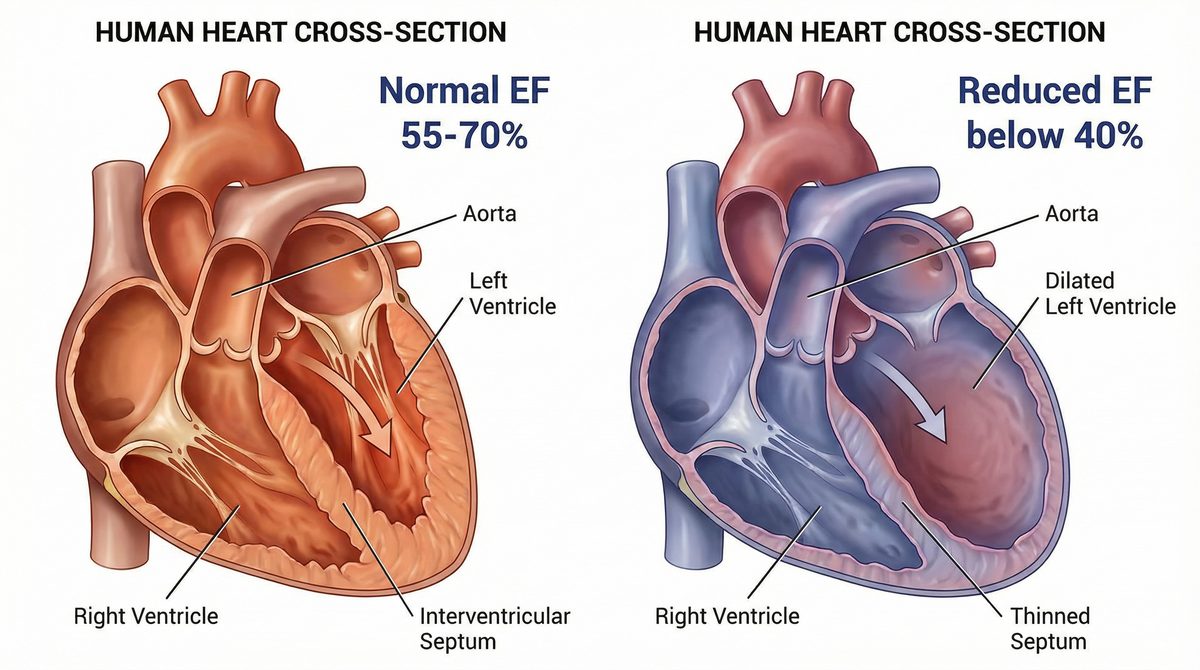 Medical illustration comparing a normal heart with an ejection fraction of 50-70% to a dilated heart with a reduced ejection fraction below 40%