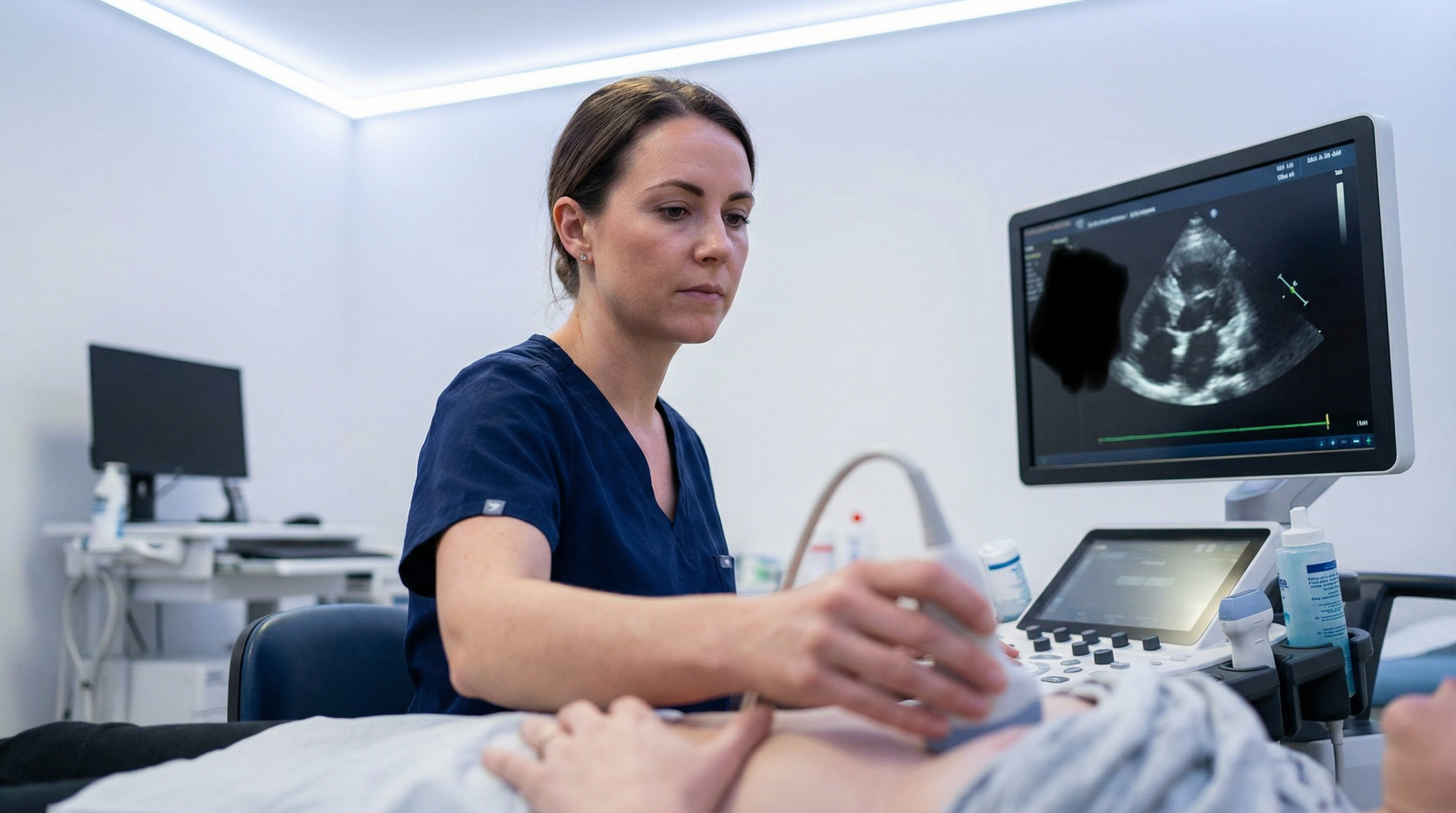 Sonographer performing an echocardiogram in a modern private ultrasound clinic, carefully adjusting the probe angle while monitoring a cardiac image on screen