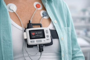 Close-up of a Holter monitor device and leads used for ambulatory ECG recording