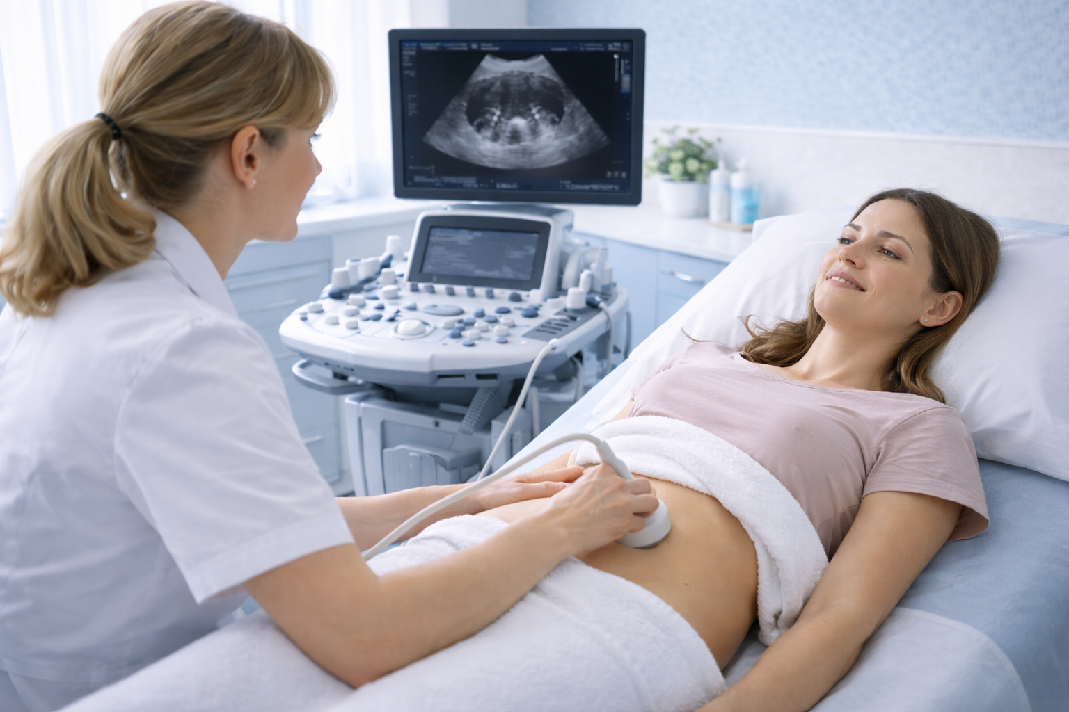 Sonoworld scan room set up for a private pelvic ultrasound scan in Marylebone, London