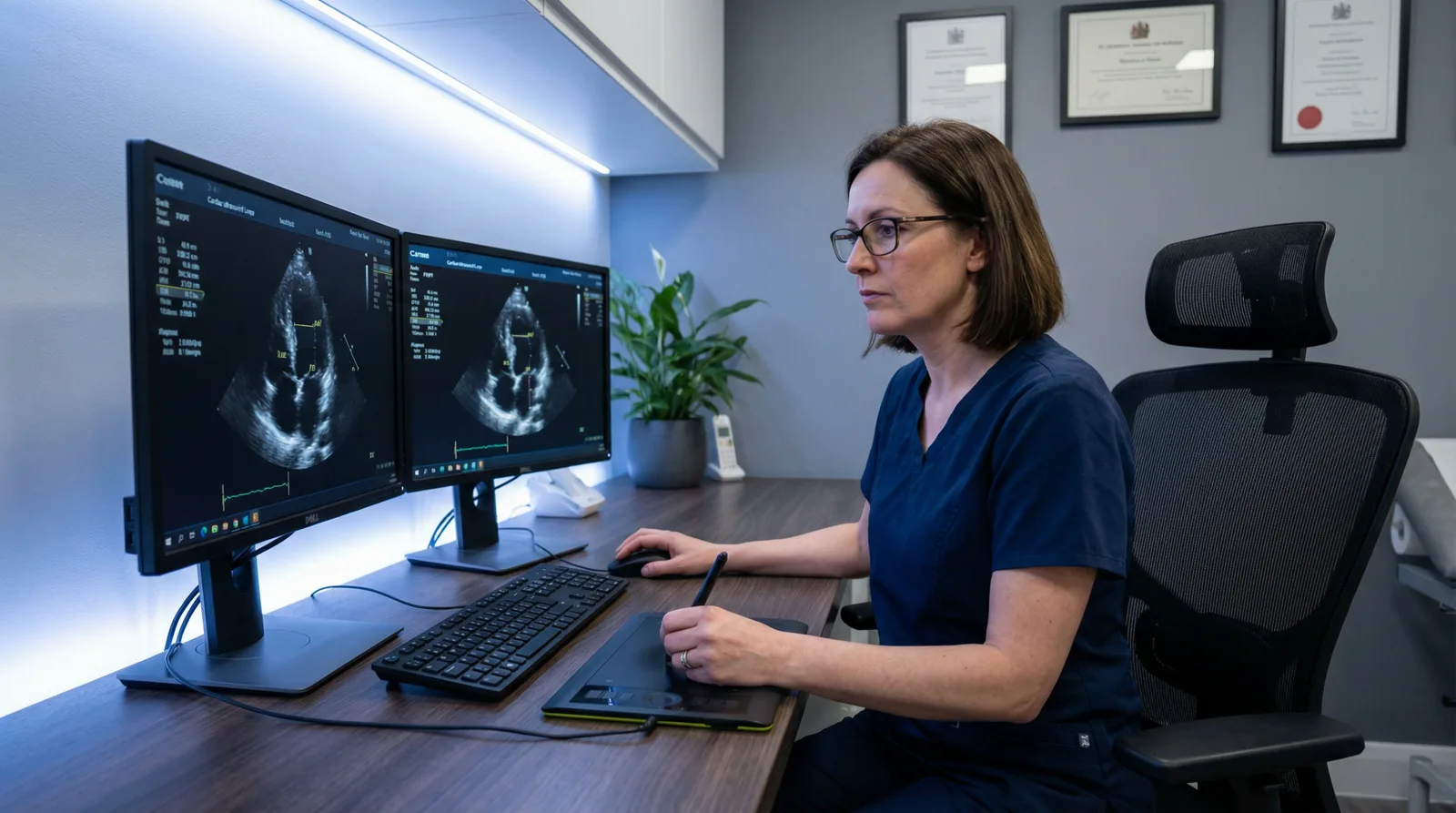 Consultant sonographer reviewing echocardiogram images on a dual-monitor workstation in a modern private ultrasound clinic, demonstrating clinical expertise and precision