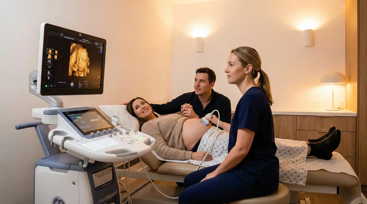 Couple viewing 3D/4D ultrasound scan of their baby at Sonoworld London