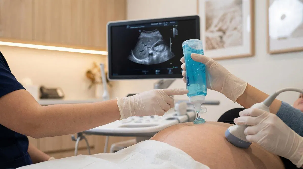 Close up of sonographer applying gel for an abdominal ultrasound scan