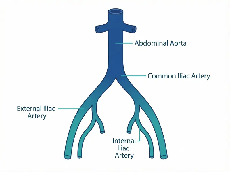 Medical illustration of the abdominal aorta and iliac vessels showing bifurcation anatomy