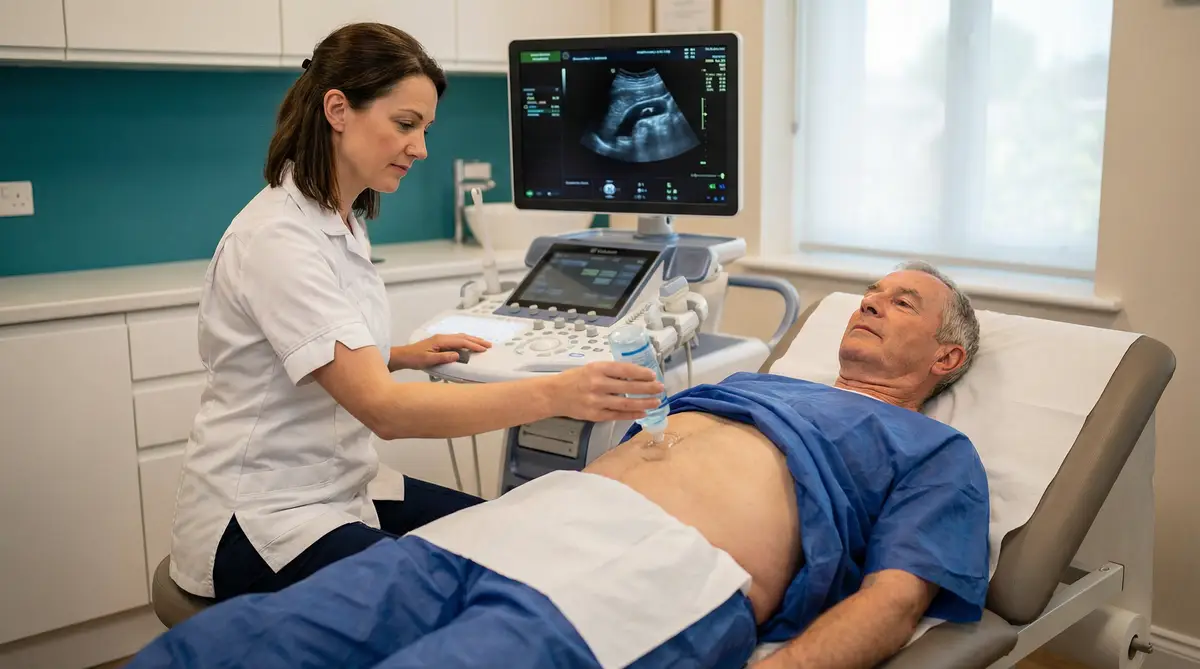 Sonographer performing an abdominal aortic aneurysm ultrasound-scan on a male patient at Sonoworld London