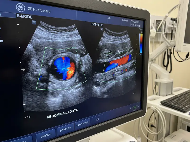 Ultrasound monitor showing abdominal aorta in B-mode and colour Doppler at Sonoworld