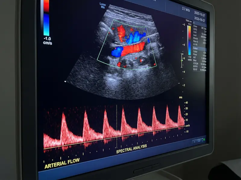 Colour Doppler ultrasound screen showing arterial blood flow with spectral waveform analysis