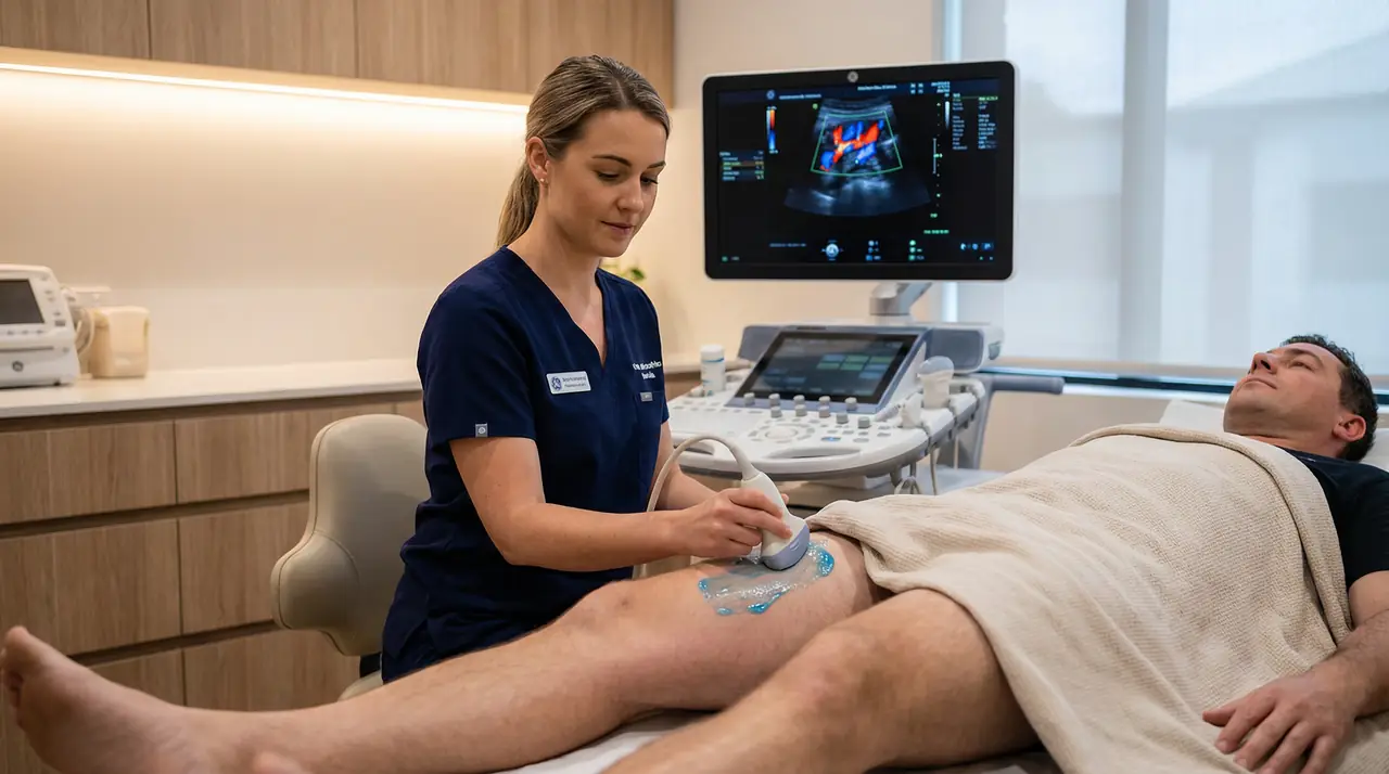 Sonographer performing an arterial duplex ultrasound scan on a patient's leg at Sonoworld London