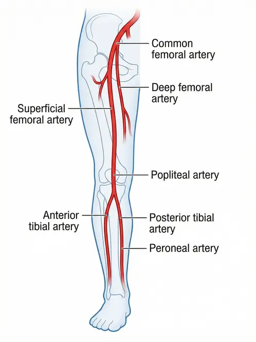 Anatomical diagram of the major leg arteries assessed during an arterial duplex ultrasound scan