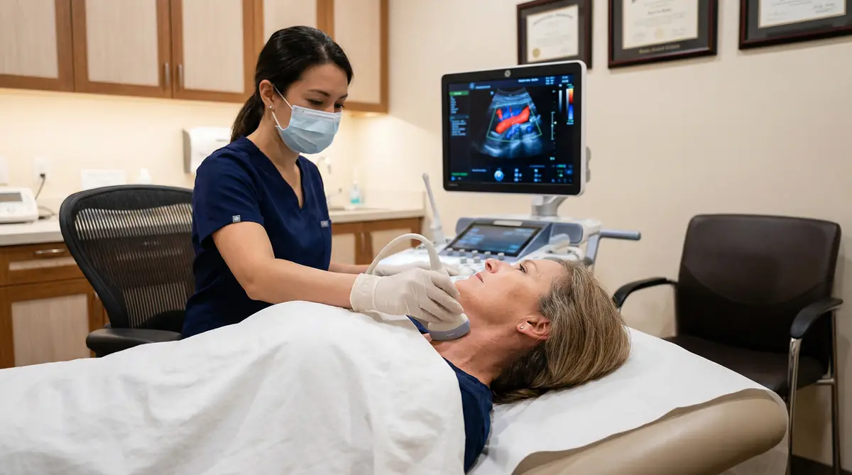Sonographer performing a carotid artery ultrasound scan at Sonoworld London