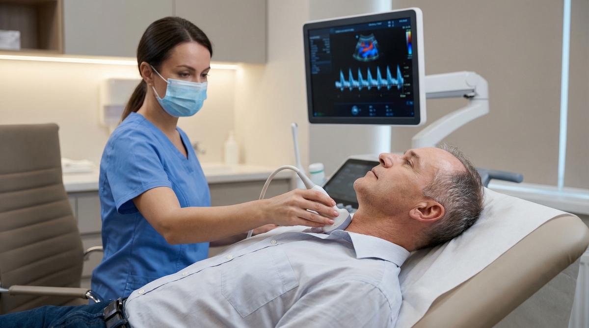Sonographer performing a carotid Doppler ultrasound scan on a patient's neck