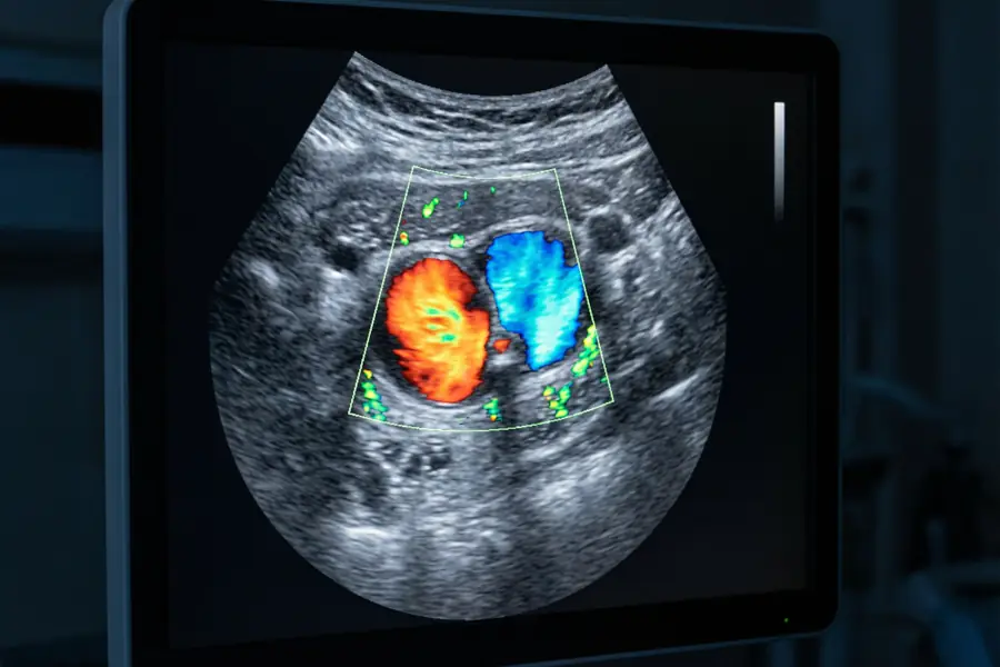 Colour Doppler ultrasound image showing femoral artery and vein during a DVT scan