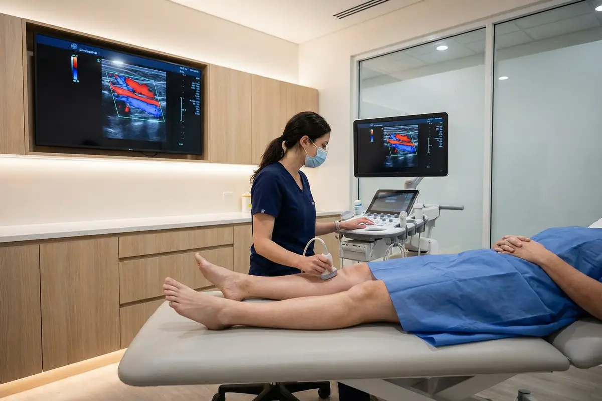 Sonographer performing a colour Doppler DVT ultrasound-scan on a patient's leg