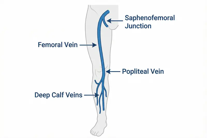 Anatomical diagram of the deep veins of the leg assessed during a DVT ultrasound-scan