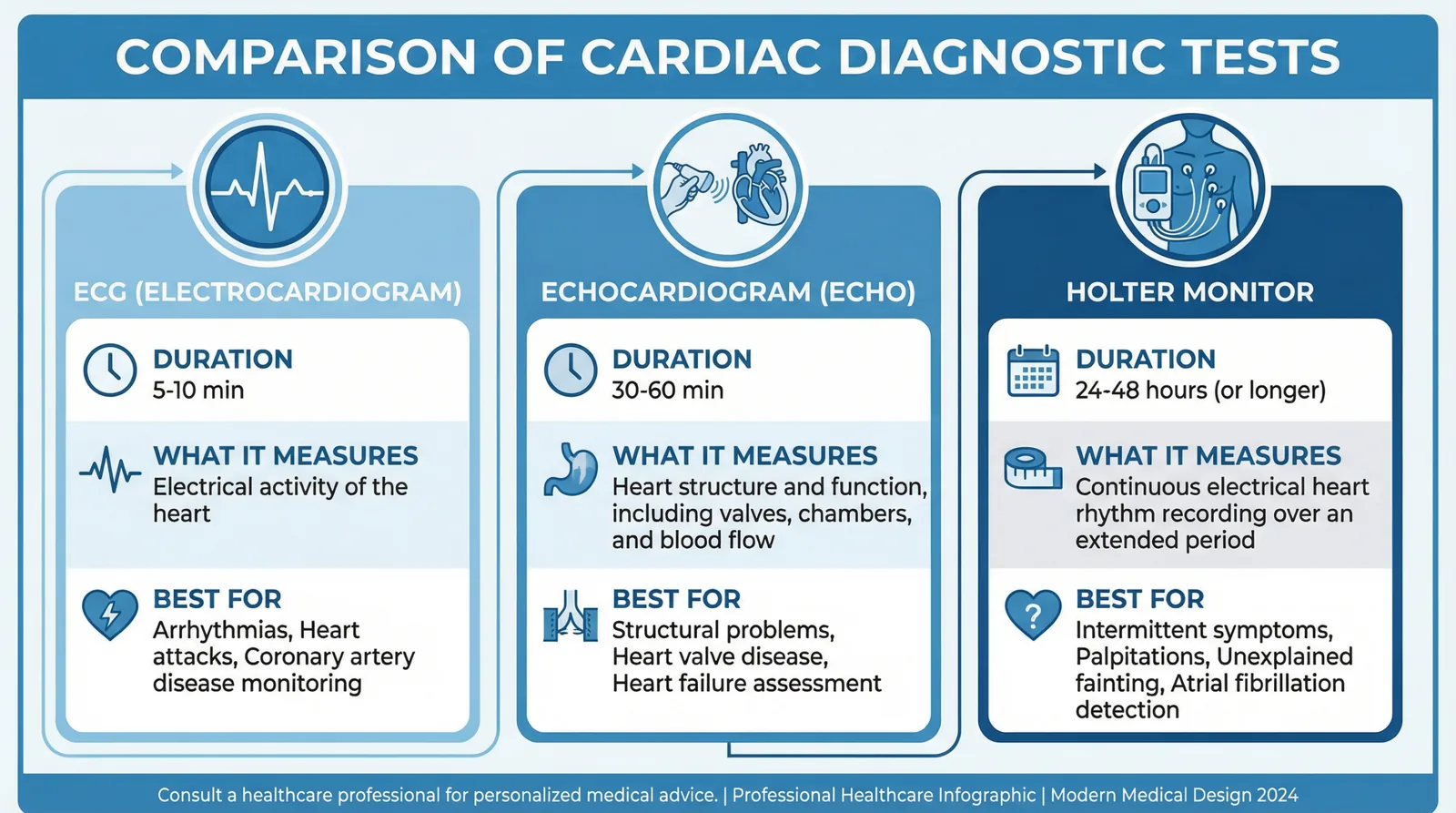 Infographic comparing ECG, echocardiogram, and Holter monitor cardiac diagnostic tests