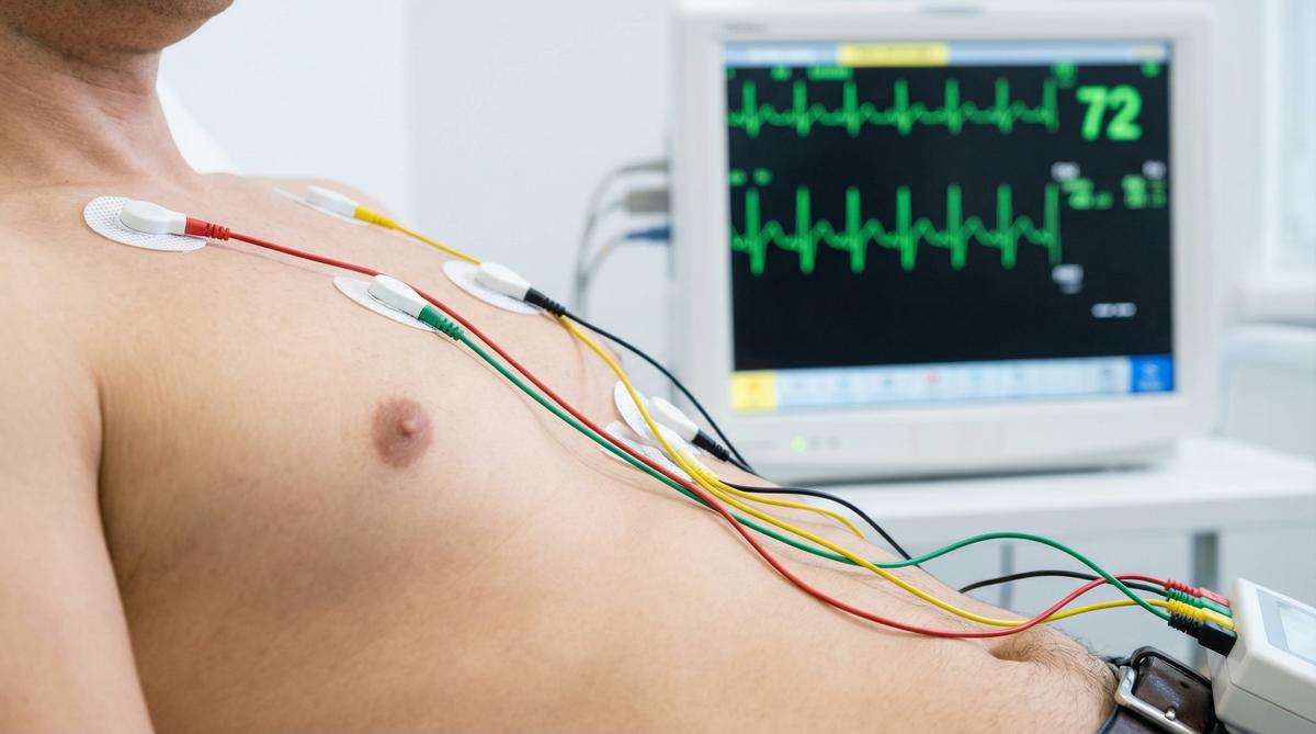 Close-up of ECG electrodes on a patient's chest with monitor trace