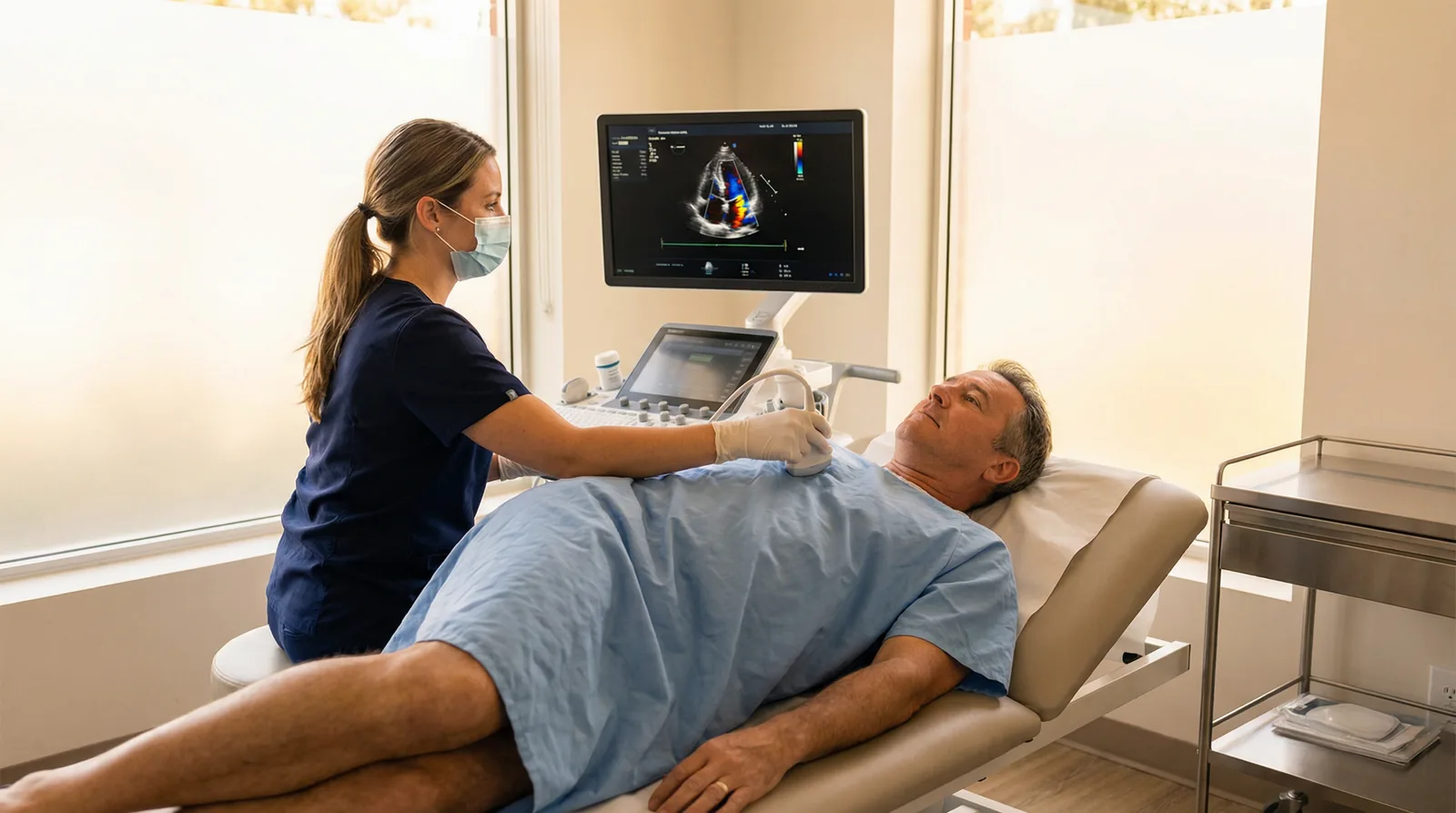 A clinician performing an echocardiogram during a private heart health check at a London clinic