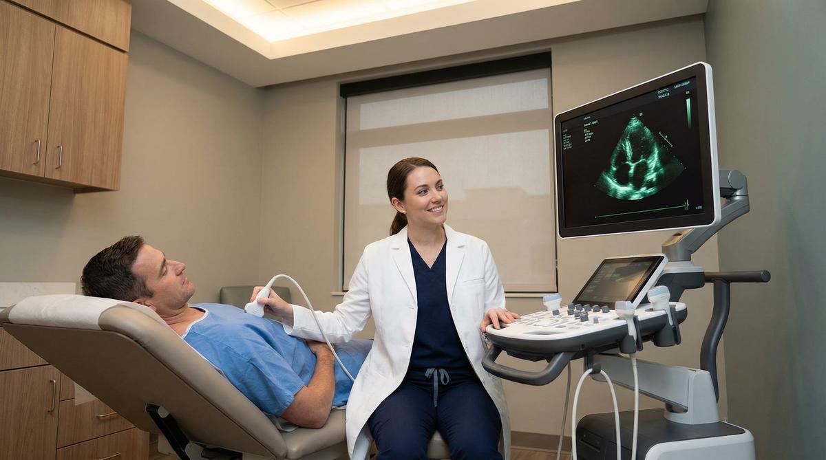 Sonographer performing an echocardiogram ultrasound scan on a male patient