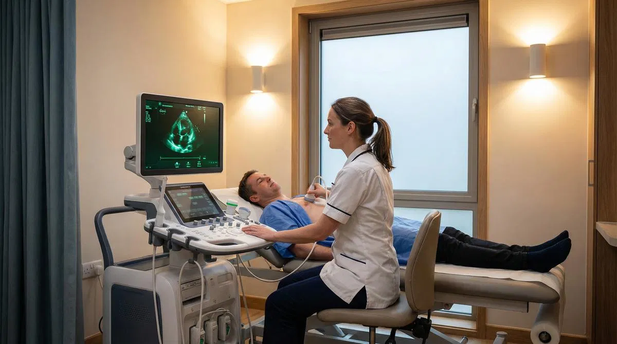 Sonographer performing an echocardiogram ultrasound scan on a male patient