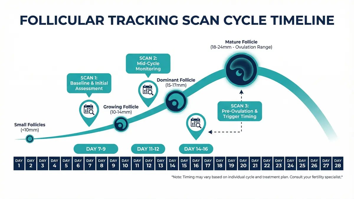 Follicular tracking scan cycle timeline showing scan appointments at Day 7-9, Day 11-12, and Day 14-16