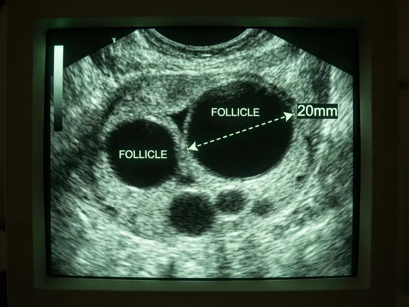 Ultrasound image showing ovarian follicles during follicular tracking scan