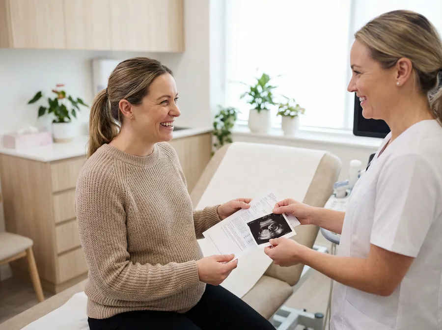 Sonographer handing a patient her gender scan report and ultrasound image at Sonoworld