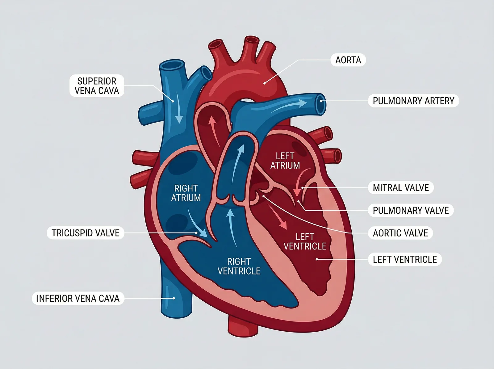 Labelled diagram of the human heart showing chambers, valves, and major vessels assessed during an echocardiogram