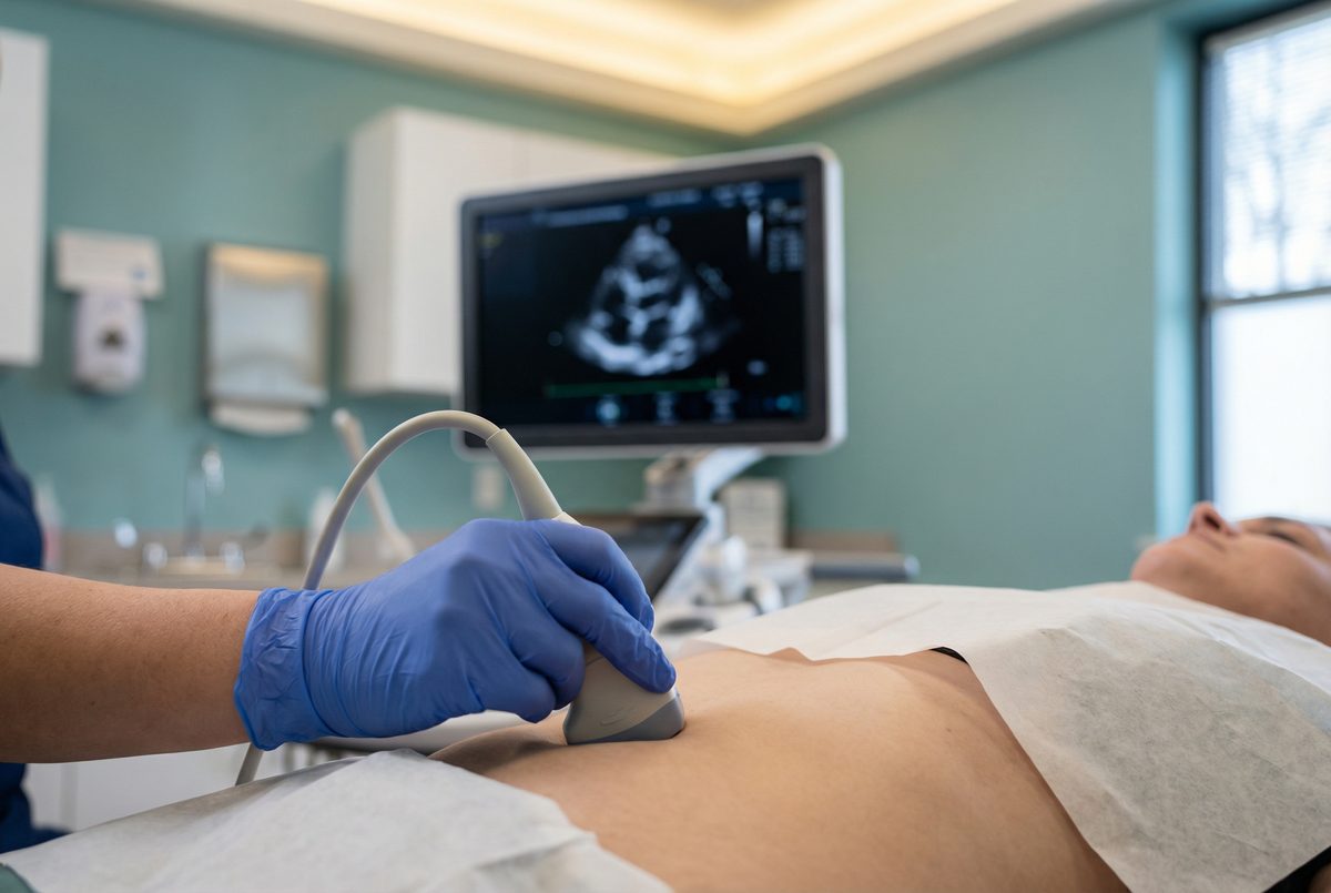 Close up of an echocardiogram ultrasound scan being performed on a patient's chest