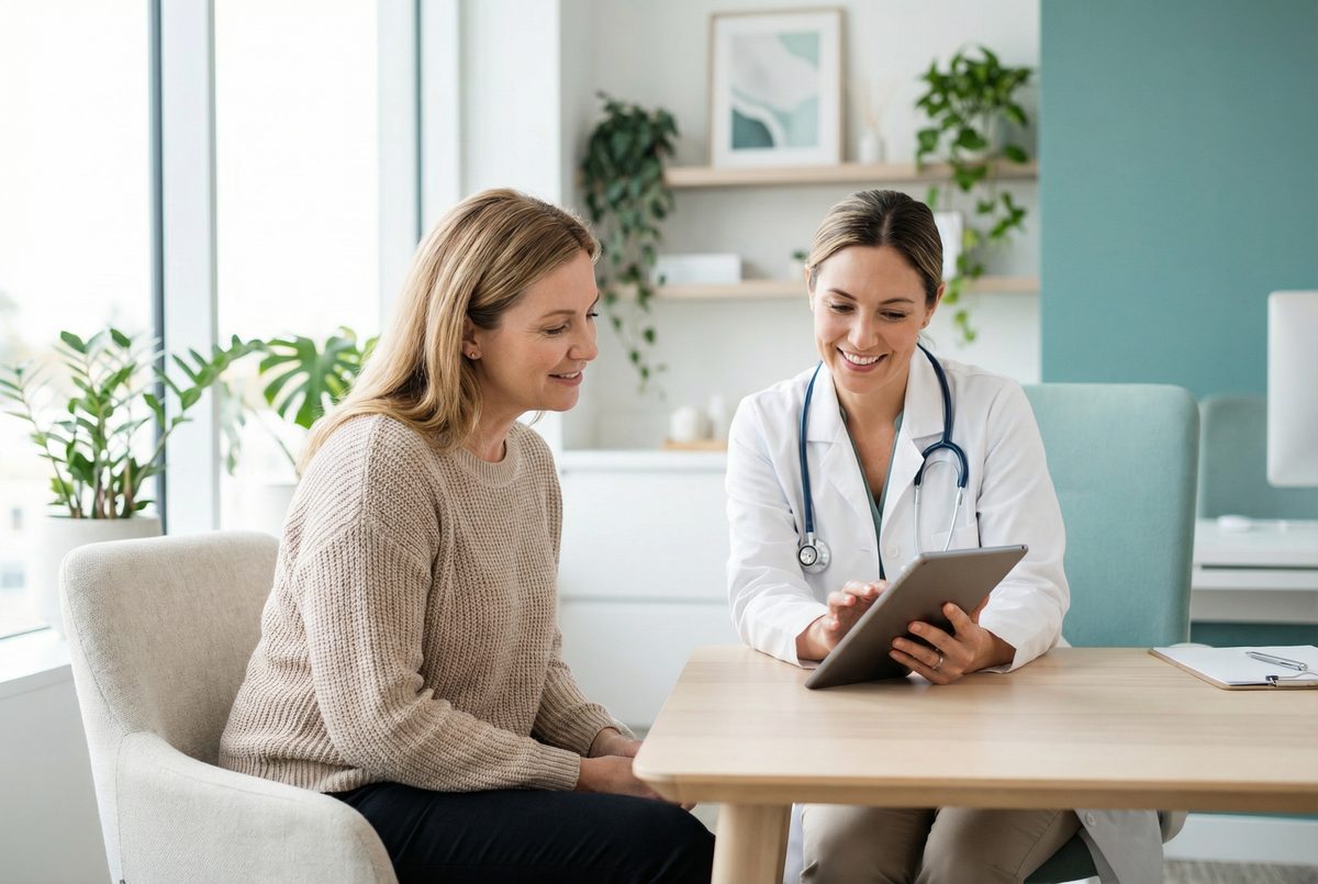 A patient discussing heart murmur results with a doctor in a modern clinic