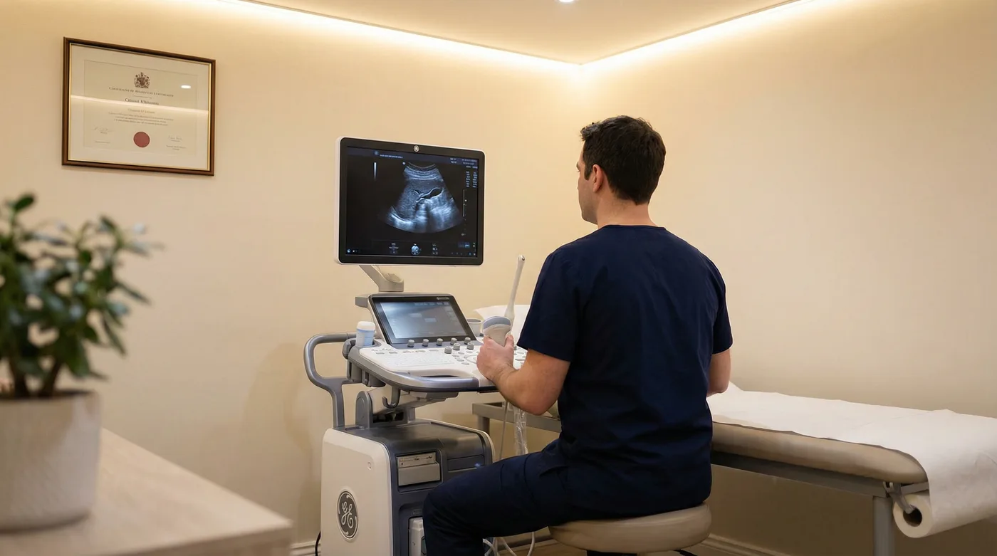 Sonographer performing a private testicular ultrasound-scan at Sonoworld clinic in Marylebone, London