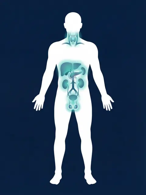 Male body diagram showing the six organ areas assessed in a full body ultrasound-scan