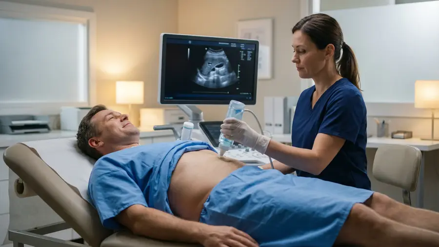 Sonographer performing an abdominal ultrasound-scan on a male patient at Sonoworld