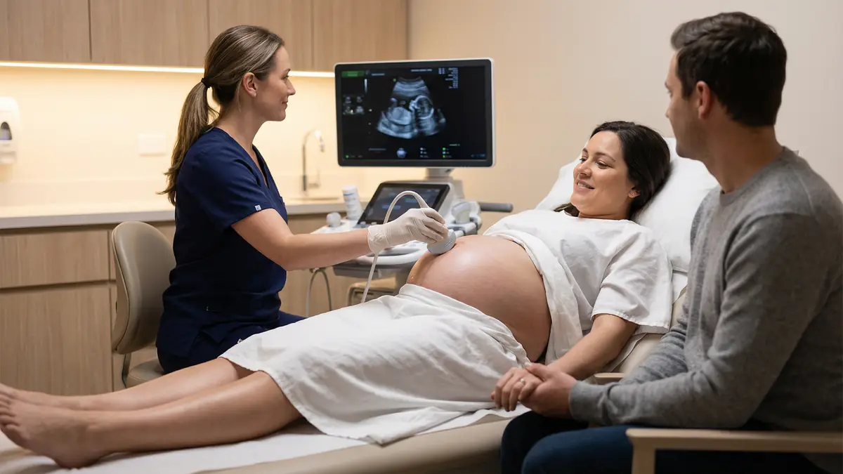 Sonographer performing a baby presentation ultrasound-scan on a late-pregnancy patient at Sonoworld London