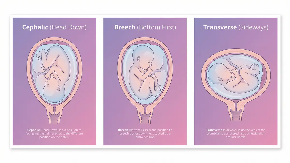 Medical diagram showing cephalic, breech, and transverse fetal positions in the uterus