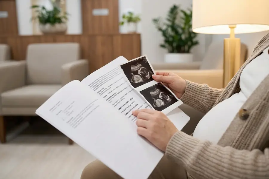 Pregnant woman reviewing her presentation scan report and ultrasound photos at Sonoworld clinic