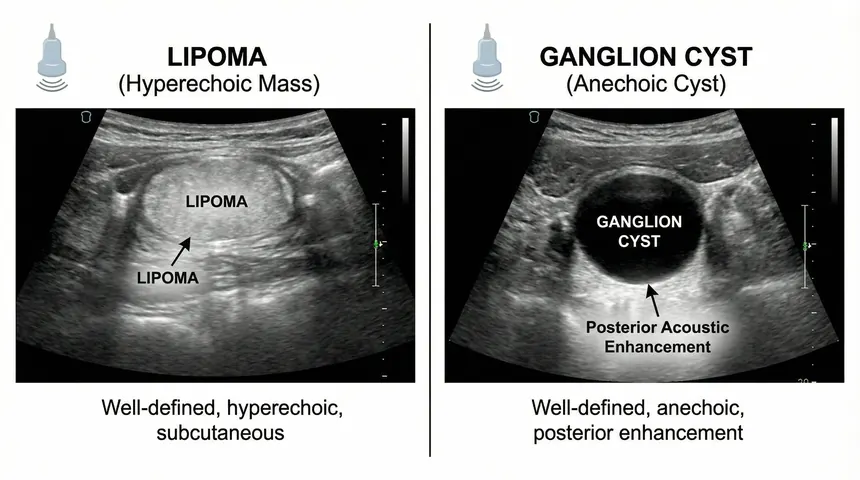 Ultrasound images showing lipoma and ganglion cyst appearances