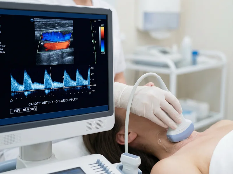 Colour Doppler carotid artery ultrasound scan showing blood flow through the carotid artery