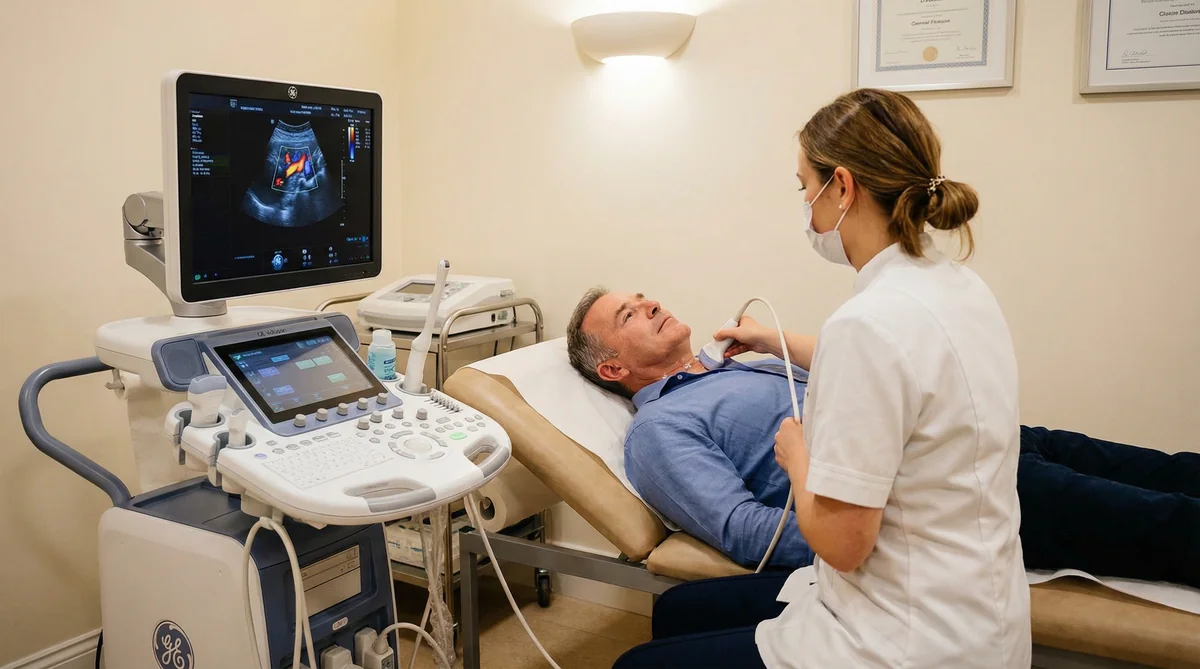Sonographer performing carotid artery ultrasound scan on a patient at Sonoworld London