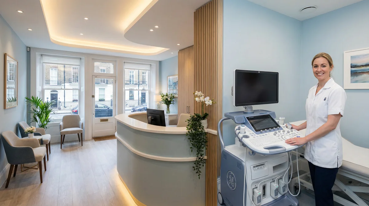 Sonoworld private ultrasound clinic Marylebone London — sonographer and GE Voluson machine