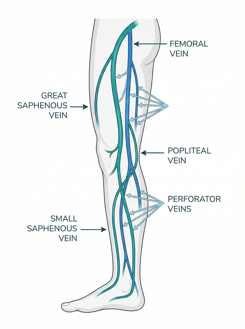 Medical illustration of the venous anatomy of the leg showing great saphenous vein, small saphenous vein, deep veins and perforators